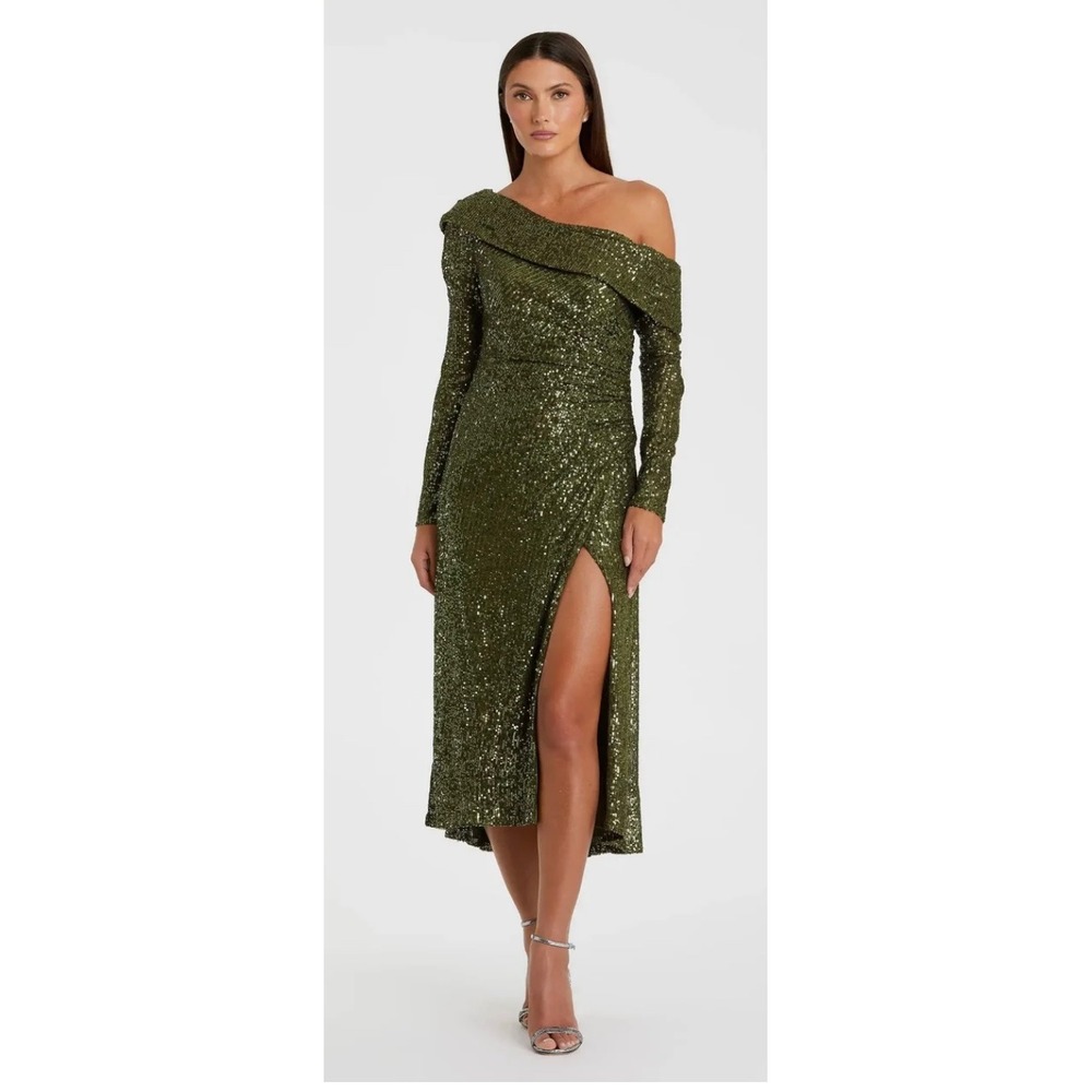 Mac Duggal Olive Green Sequin One Shoulder Assymetric Midi Dress Slit Size 2